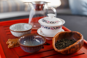The process of brewing tea at the tea ceremony.