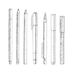 Vector sketch of pencils and pens. Hand drawn illustration. Collection in doodle style. - 143703504