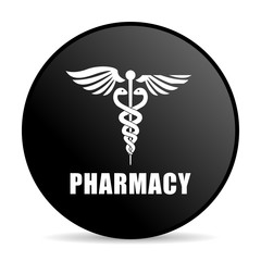 Pharmacy black color web design round internet icon on white background.
