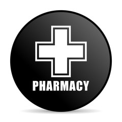 Pharmacy black color web design round internet icon on white background.
