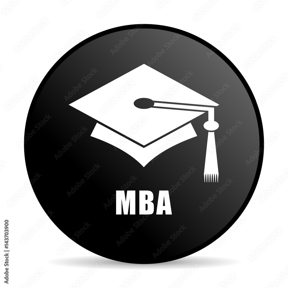 Poster mba black color web design round internet icon on white background.