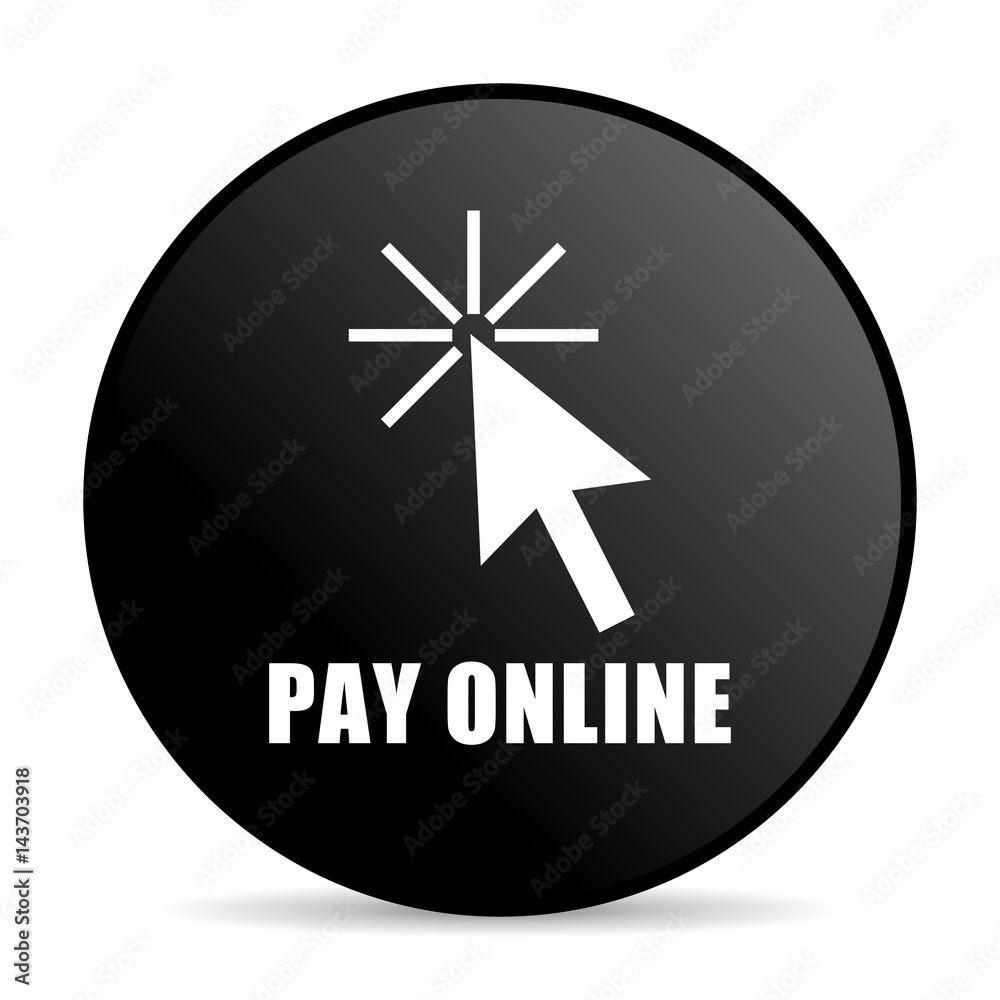 Aufkleber pay online black color web design round internet icon on white background.