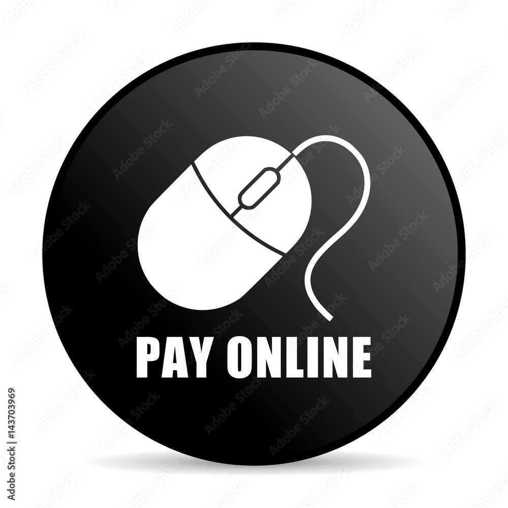 Poster pay online black color web design round internet icon on white background.