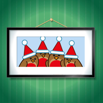 Four Robins wearing Santa Hats in Picture Frame