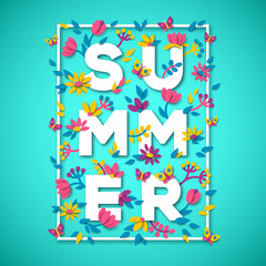 Summer typography design with white paper cut text