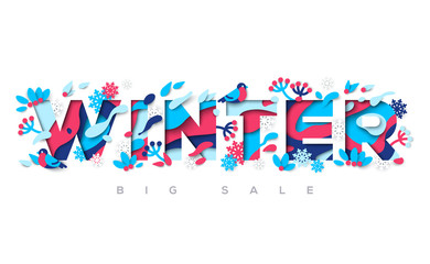 Winter typography design with paper cut shapes