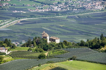 Fototapeta na wymiar Wehrburg bei Tisens Prissian in Südtirol, im Hintergrund Terlan bei Bozen 