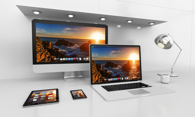 Modern white desk interior with computer and devices 3D rendering