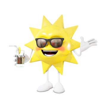 3D sun character with cocktail, 3d rendering