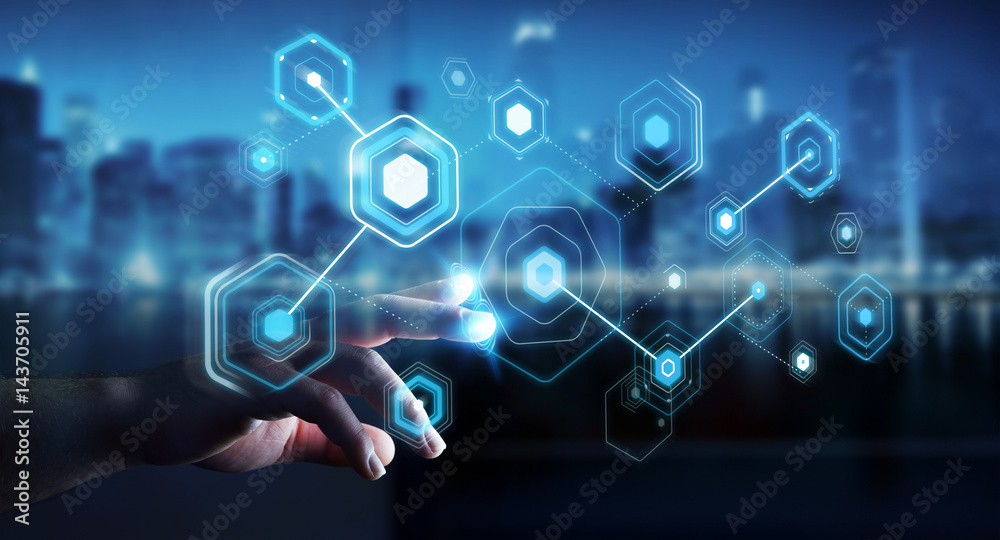 Aufkleber businessman using digital screens with holograms datas 3d rendering