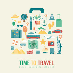 Suitcase silhouette with travel flat icons. Travel and tourism concept. Summer holidays. Vector