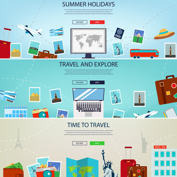 Three Travel and Tourism Headers, Banners. Summer holidays, travel and tourism concept. Website templates. Vector