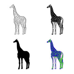 Vector illustration of an image of a giraffe. Black and white line, black silhouette, black and white and gray spot. Multicolored illustration