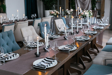 Wedding Festive decor. Wedding interior. Table layout concept. Table decor of newly married. Restaurant interior. Fine art. expectation of guests.