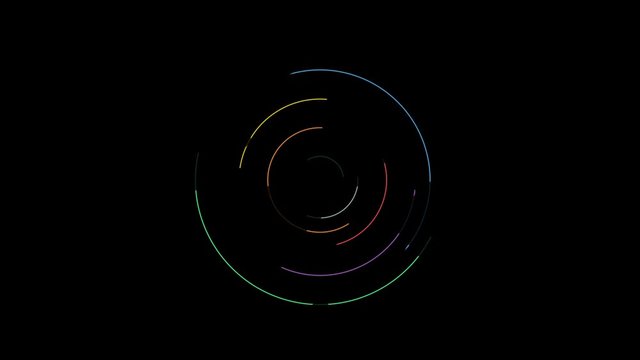 Rotating circular different color particles on black background.