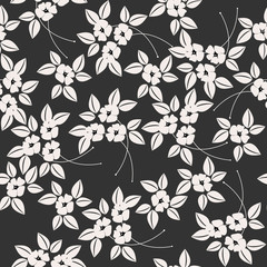 Seamless pattern with elegant white flowers and leaves isolated on grey background