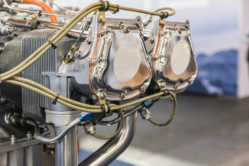 Detail view on the Piece of equipment of the aircraft engine closeup, a aircraft engine detail