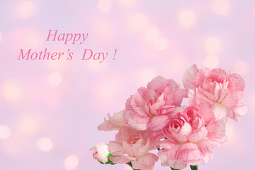 Greeting Card. Bouquet of pink Carnations on background with bokeh. Mother's day. Flower gift.