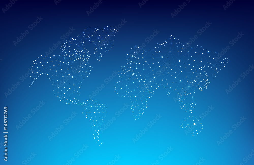 Poster dotted and connection line world map with lighting effect for network connect concepts