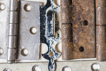 Old locks and door hinges close up