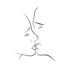 Pencil sketch of loving couple. Lovers kiss. Line drawing. Vector illustration