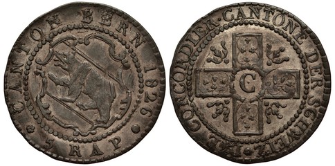 Switzerland Swiss silver coin 5 five rappen 1826, Canton Bern, bear climbing left within shield, embellished cross with letter C in center, deep patina,