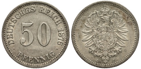 Germany German silver coin 50 pfennigs 1876, large digits surrounded by country name and date, crowned imperial eagle with shield on chest surrounded by collar of the order, 