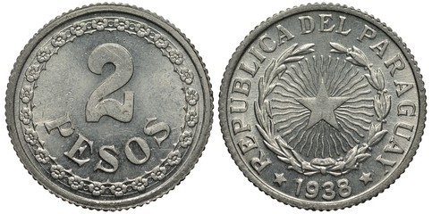 Paraguay Paraguayan coin 2 two pesos 1938, denomination within circle of flowers, star with rays...