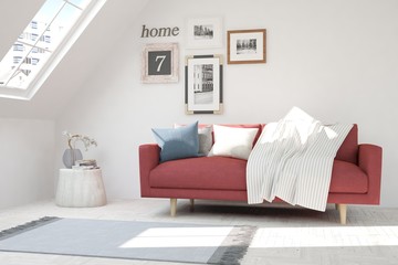 White modern room with sofa. Scandinavian interior design. 3D illustration