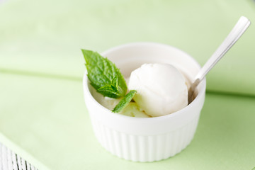 Fresh fruit sorbet ice cream in a white bowl. - obrazy, fototapety, plakaty