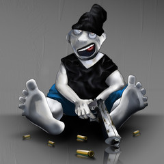 Painted cartoon hooligan with a gun character sketch. Illustration.