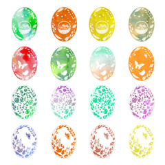 Watercolor illustration, set, image of Easter eggs, decorated with waders, leaves, berries and birds. Textured silhouettes of different colors
