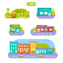 The icons set. Elements of the city. Street with cars, building, park, supermarket, shop. Vector flat illustration