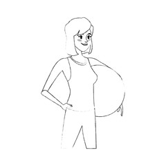 young pretty woman holding big ball sport icon image vector illustration design  simple sketch line