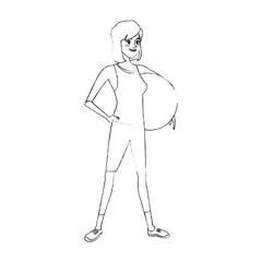 young pretty woman holding big ball sport icon image vector illustration design  simple sketch line