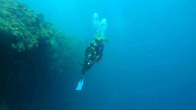 Young woman scuba diver views of a coral reef, Indian Ocean, Maldives
