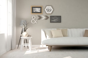 White modern room with sofa. Scandinavian interior design. 3D illustration