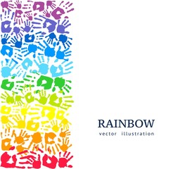 Border made of colored hands. Rainbow background. Abstract vector illustration
