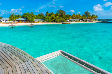 Vacation net seat in tropical Maldives island and beauty of the sea with the coral reefs .
