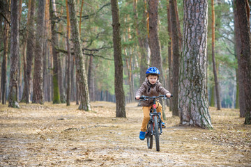 Obraz premium Happy kid boy of 3 or 5 years having fun in autumn forest with a bicycle on beautiful fall day. Active child wearing bike helmet. Safety, sports, leisure with kids concept.