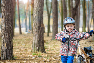 Plakat Happy kid boy of 3 or 5 years having fun in autumn forest with a bicycle on beautiful fall day. Active child wearing bike helmet. Safety, sports, leisure with kids concept.