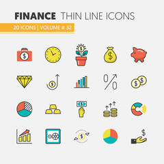 Finance Investment Linear Thin Vector Icons Set with Money Tree and Financial Elements