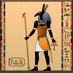 Religion of Ancient Egypt. Seth is the god of war, the sandstorms, the guardian of the god Ra. Ancient Egyptian god Seth in the guise of a man with a zoomorphic head. Vector illustration.
