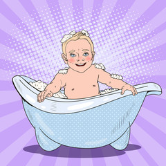 Laughing Baby Bathing with Foam Bubbles. Pop Art retro vector illustration