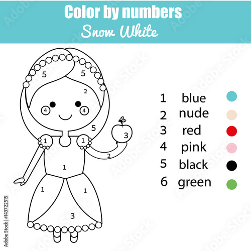 Coloring Page With Cute Snow White Fairy Tale Princess Character Color By Numbers Educational Children
