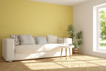 White room with sofa and green landscape in window. Scandinavian interior design. 3D illustration