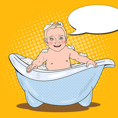 Happy Baby Bathing with Foam Bubbles. Pop Art retro vector illustration