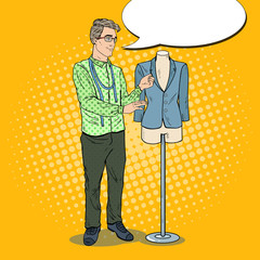 Male Fashion Designer with Jacket on a Mannequin. Textile Industry. Pop Art retro vector illustration