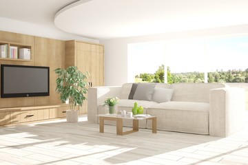 White room with sofa and green landscape in window. Scandinavian interior design. 3D illustration