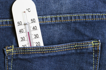 High temperature on a thermometer, jeans
